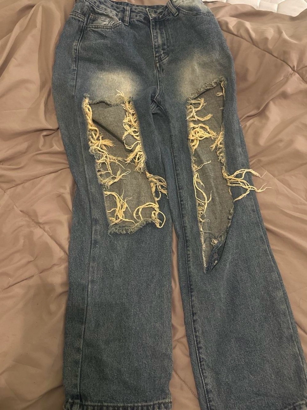 SHEIN Distressed Flared Jeans in Blue with Washed Detail
